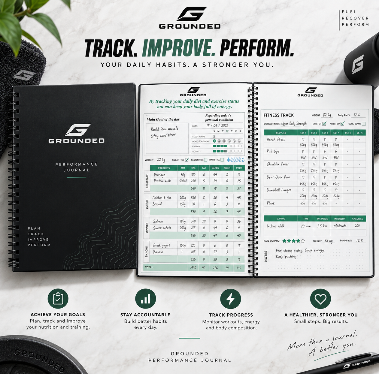 Grounded Performance Journal open beside training equipment
